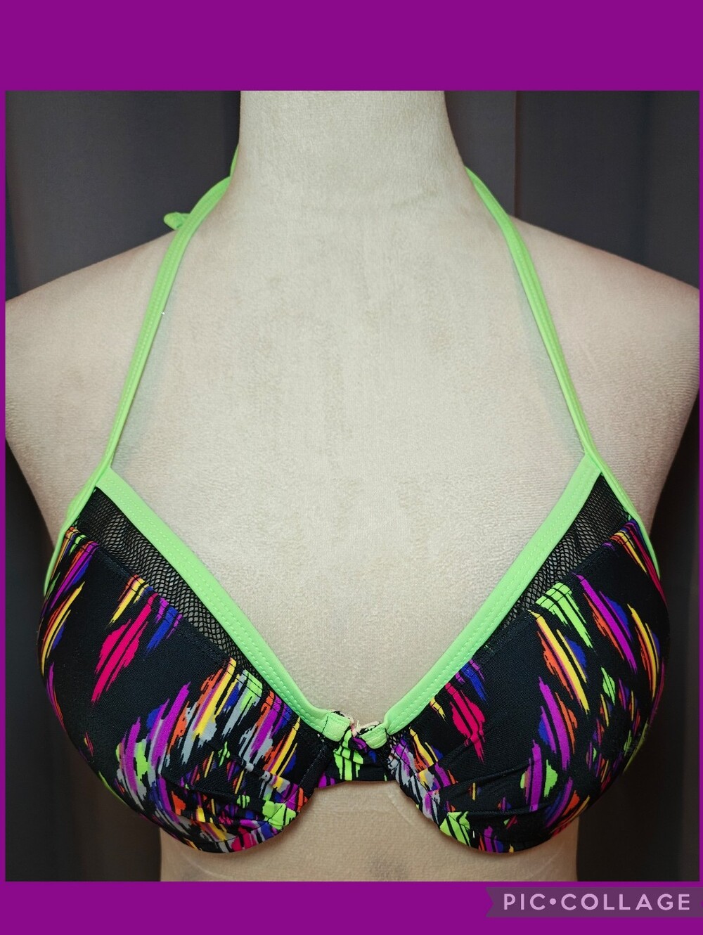 Vintage BONGO Neon Abstract Halter Push Up Bikini Top w Mesh Detail.